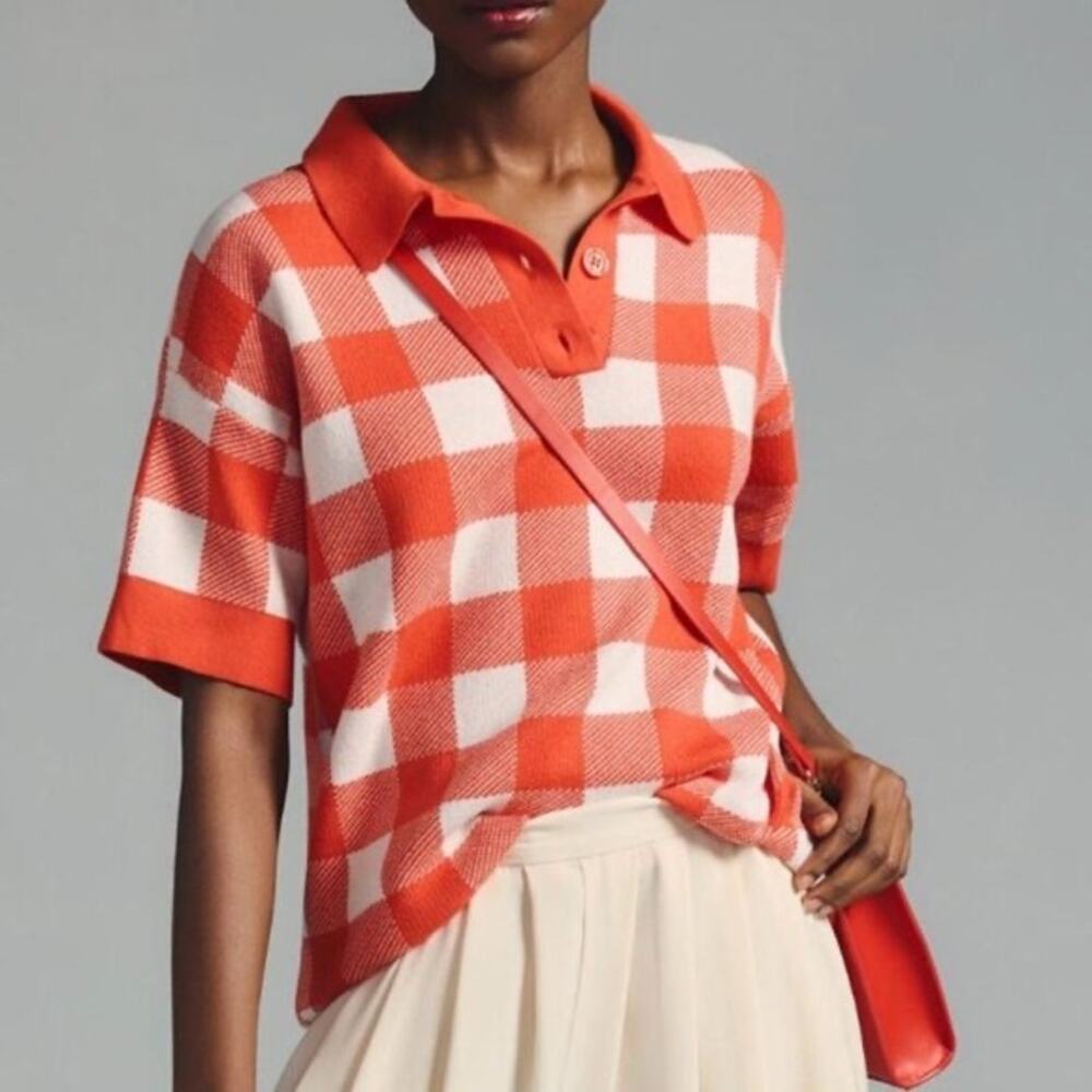 Kule The Brie Gingham Short-Sleeve Polo Top in Poppy Size Small